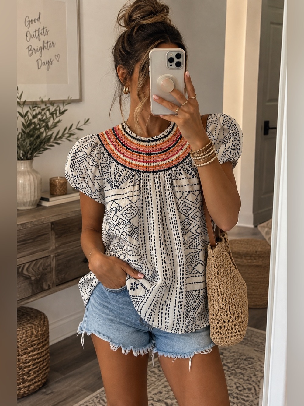 THML Embroidered Puff Sleeve Boho Top Size Medium
